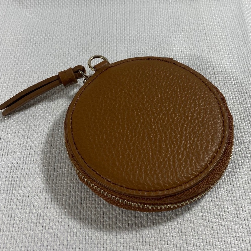 Mark & Graham Brown Pebbled Leather Round Coin Purse Tassel Zip Pouch Case